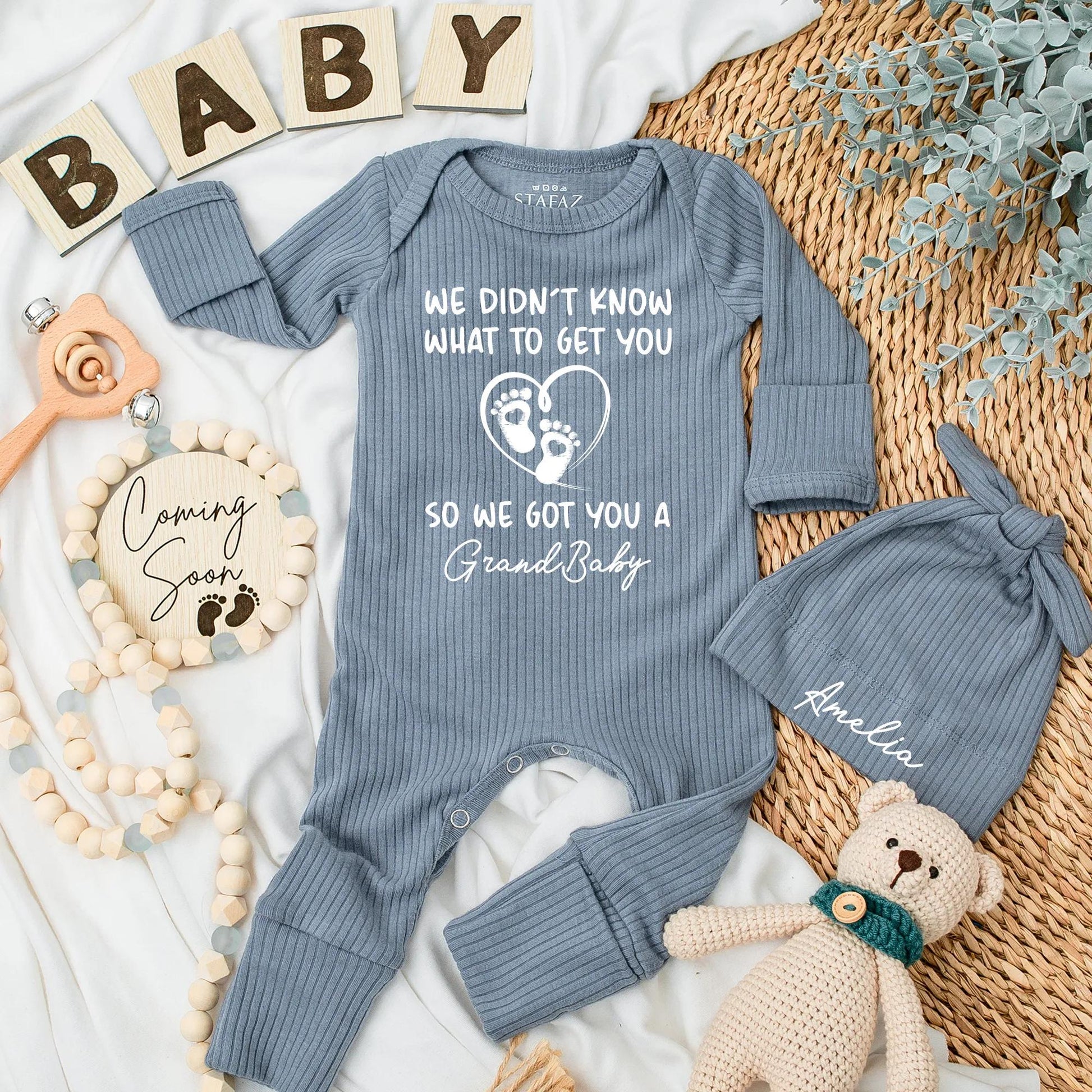 Grandbaby Announcement Baby Bodysuit Funny Gift For Grandparents Newborn Outfit With 'We Didn't Know' Quote Black Ink Footprints Heart Design