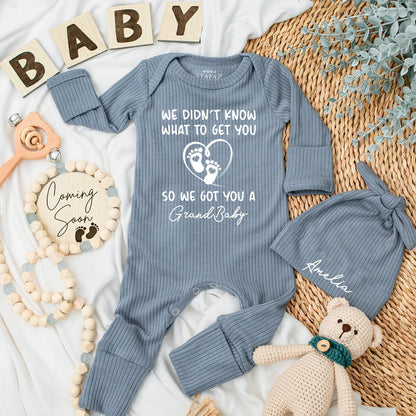 Grandbaby Announcement Baby Bodysuit Funny Gift For Grandparents Newborn Outfit With 'We Didn't Know' Quote Black Ink Footprints Heart Design