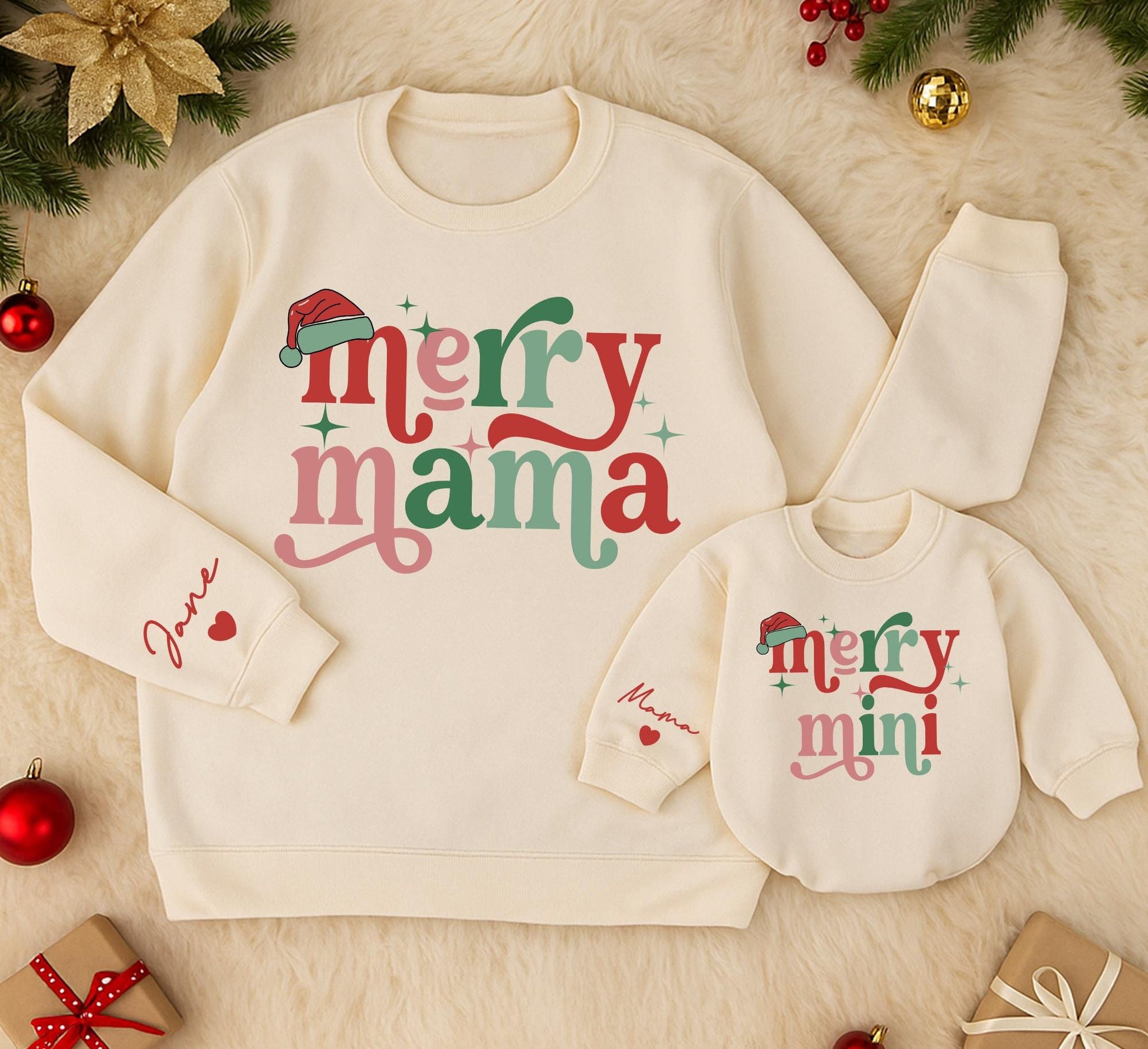 Personalized Merry Mama and Mini Sweatshirt Set, Retro Christmas Matching Outfit, Custom Name, Red and Green Holiday Sweatshirts, Daughter Gift (139)