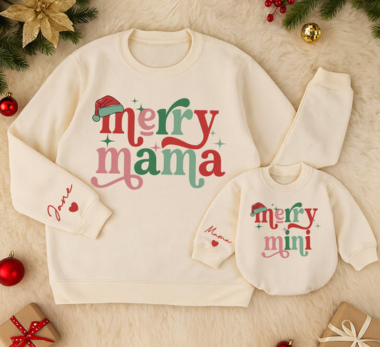 Personalized Merry Mama and Mini Sweatshirt Set, Retro Christmas Matching Outfit, Custom Name, Red and Green Holiday Sweatshirts, Daughter Gift (139)