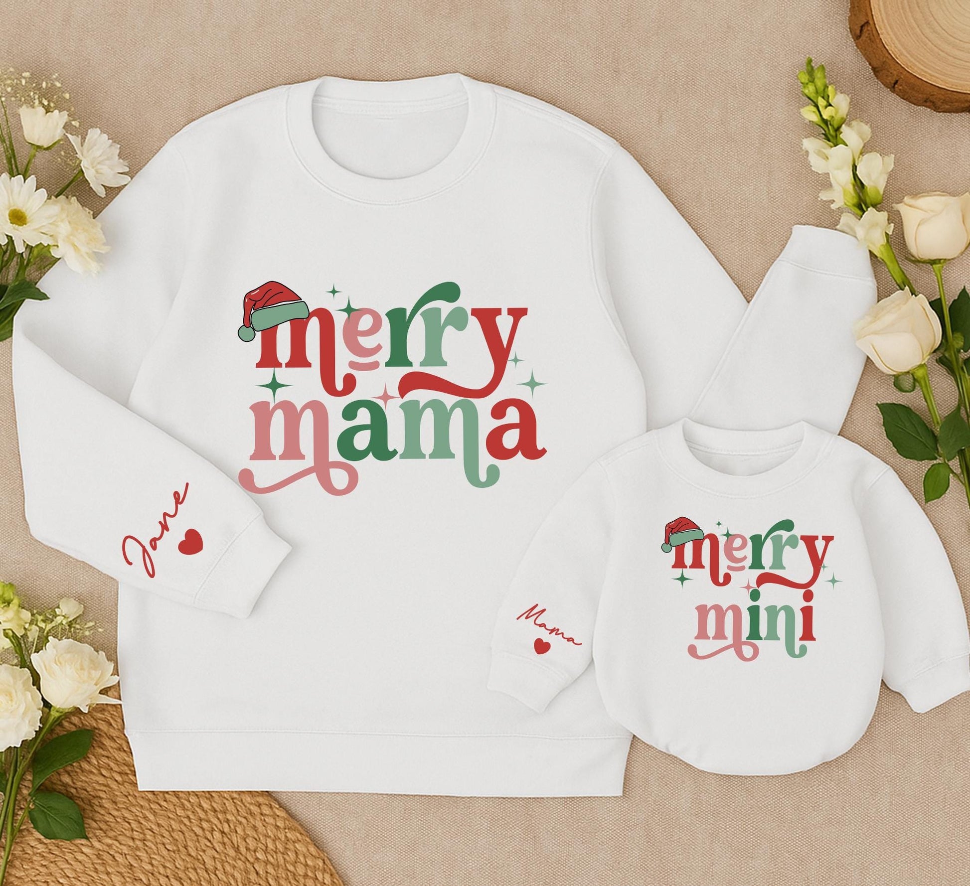 Personalized Merry Mama and Mini Sweatshirt Set, Retro Christmas Matching Outfit, Custom Name, Red and Green Holiday Sweatshirts, Daughter Gift (139)