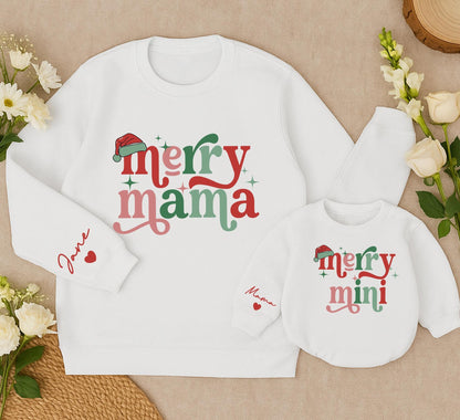 Personalized Merry Mama and Mini Sweatshirt Set, Retro Christmas Matching Outfit, Custom Name, Red and Green Holiday Sweatshirts, Daughter Gift (139)