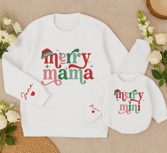 Personalized Merry Mama and Mini Sweatshirt Set, Retro Christmas Matching Outfit, Custom Name, Red and Green Holiday Sweatshirts, Daughter Gift (139)