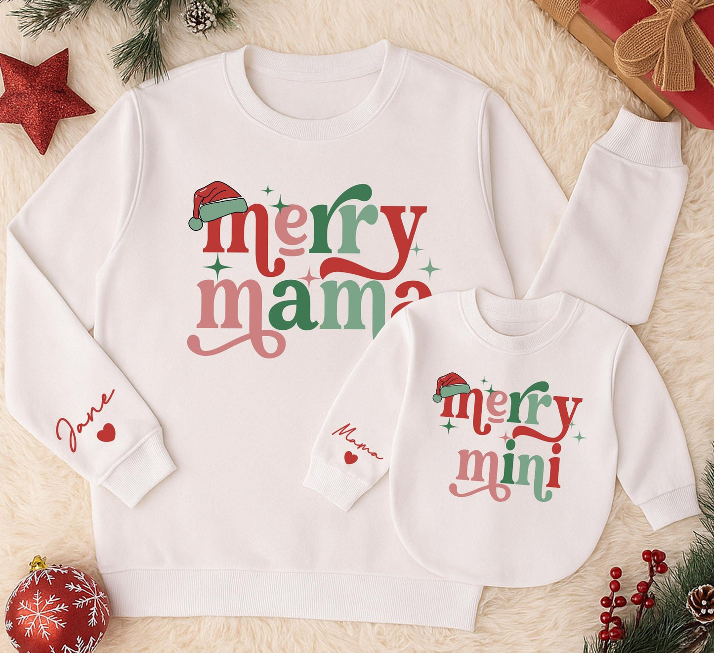 Personalized Merry Mama and Mini Sweatshirt Set, Retro Christmas Matching Outfit, Custom Name, Red and Green Holiday Sweatshirts, Daughter Gift (139)