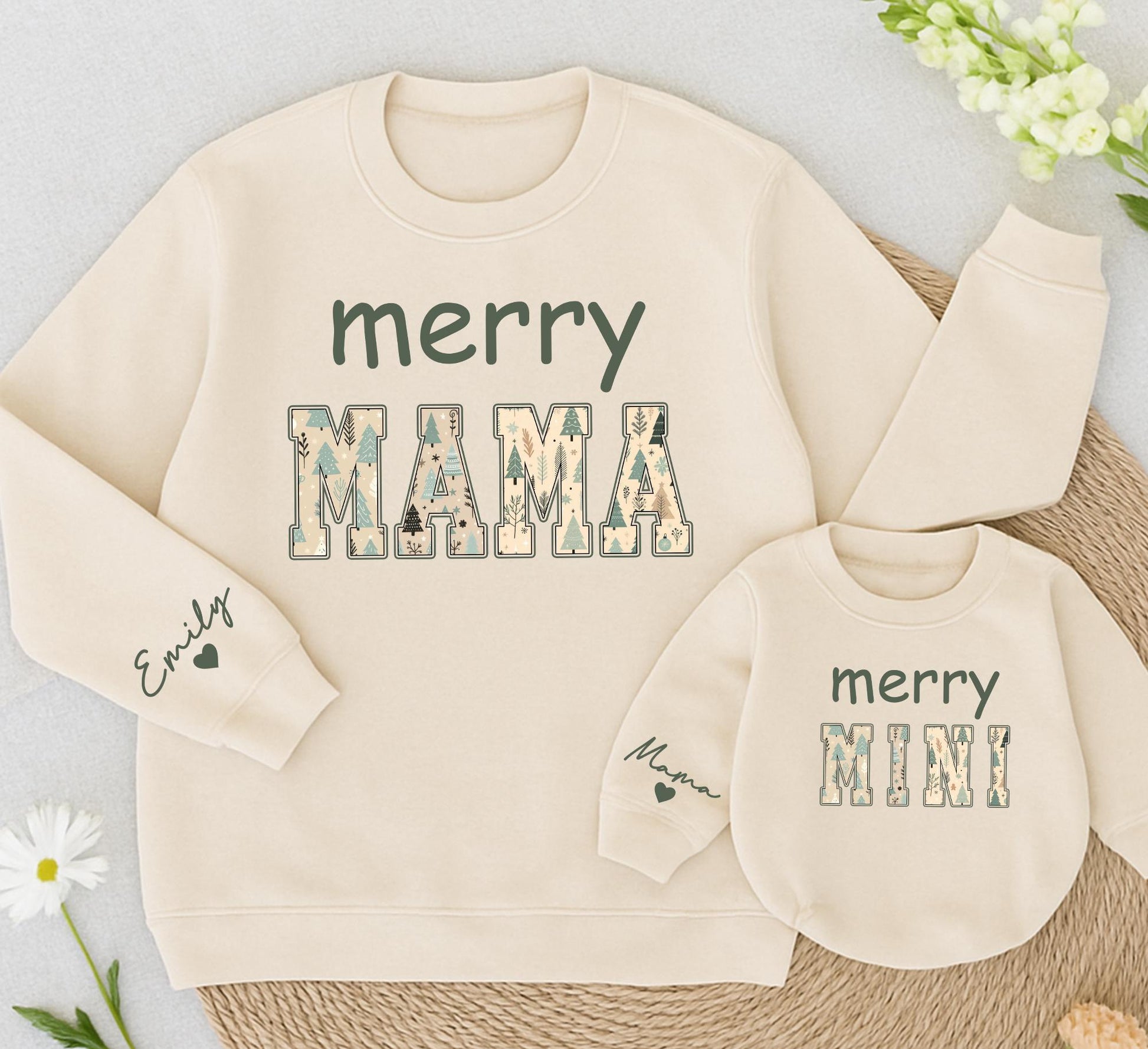 Merry Mama & Mini Matching Christmas Sweatshirts: Green & Winter Pattern, Mom & Baby Girl Outfit, Family Holiday Gift