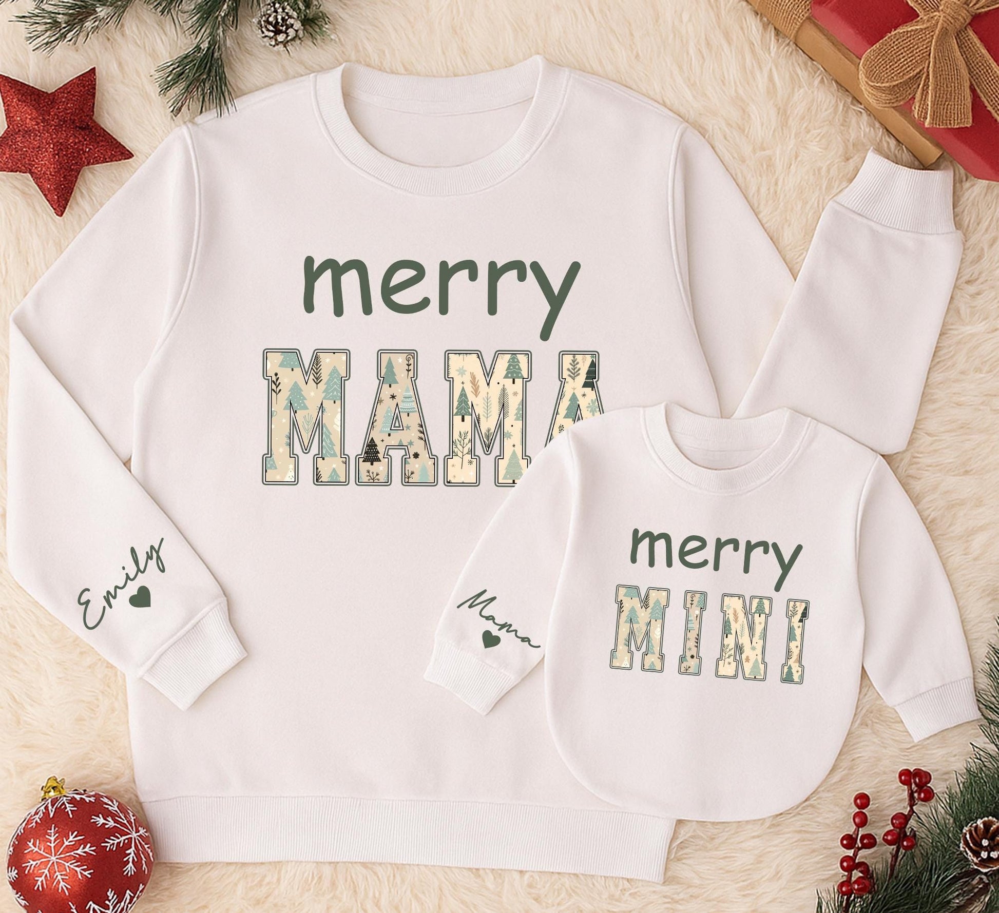 Merry Mama & Mini Matching Christmas Sweatshirts: Green & Winter Pattern, Mom & Baby Girl Outfit, Family Holiday Gift