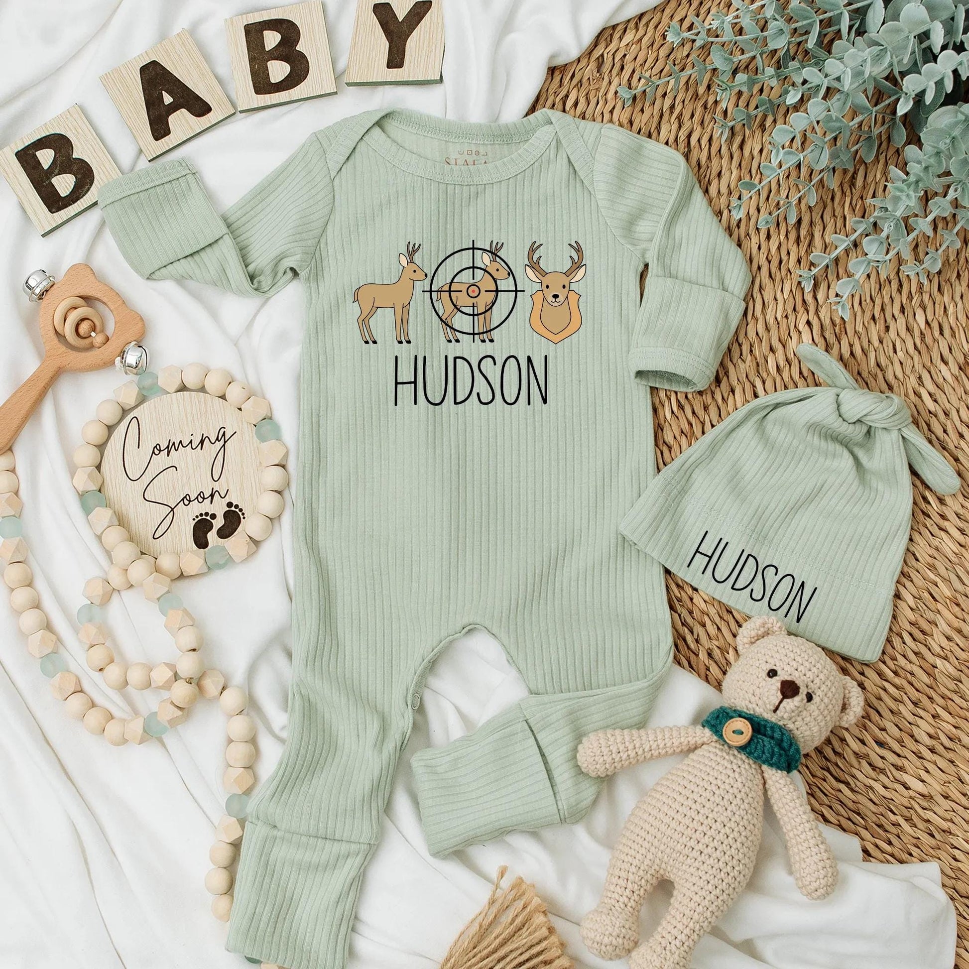 Hudson Deer Target Hunting Baby Bodysuit Tan Brown Black Newborn Outfit Gift