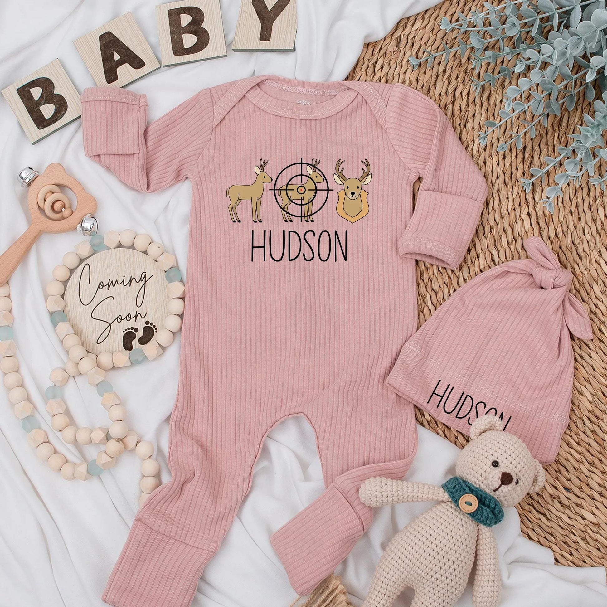 Hudson Deer Target Hunting Baby Bodysuit Tan Brown Black Newborn Outfit Gift