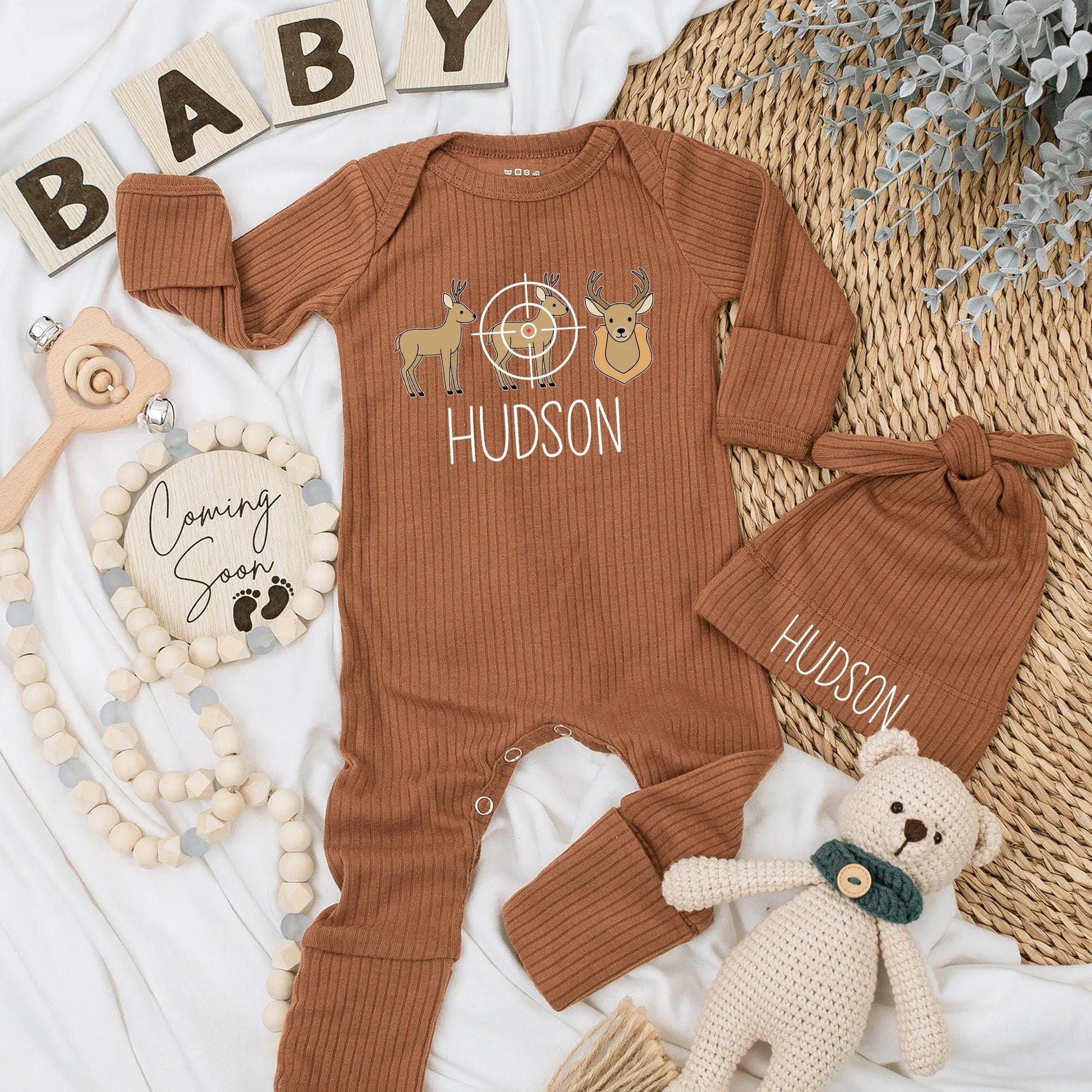 Hudson Deer Target Hunting Baby Bodysuit Tan Brown Black Newborn Outfit Gift