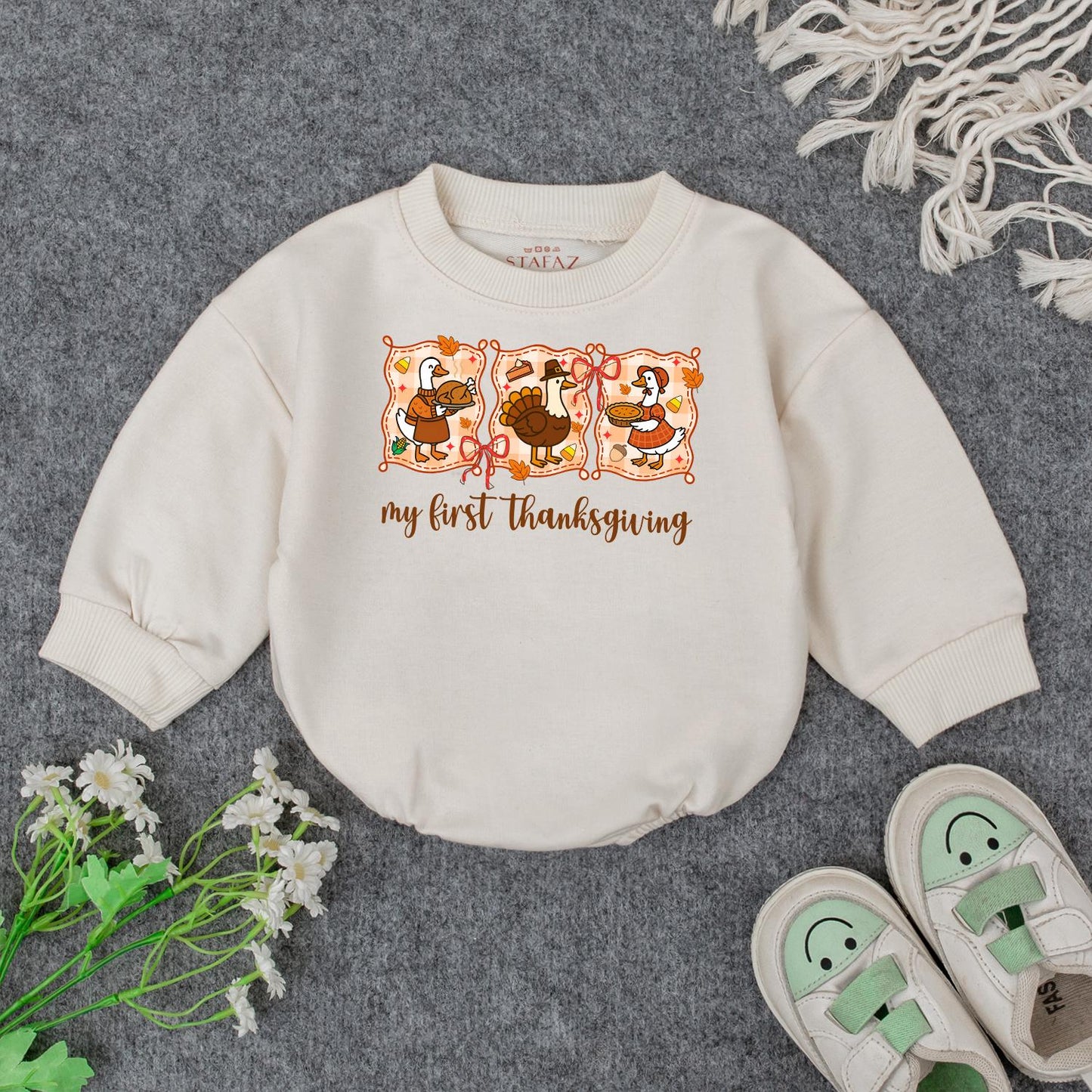 My First Thanksgiving Outfit Baby Turkey Sweatshirt Cute Cartoon Duck Infant Clothes Fall Toddler Shirt, Adorable Autumn Holiday Gift Idea, 135 Chars