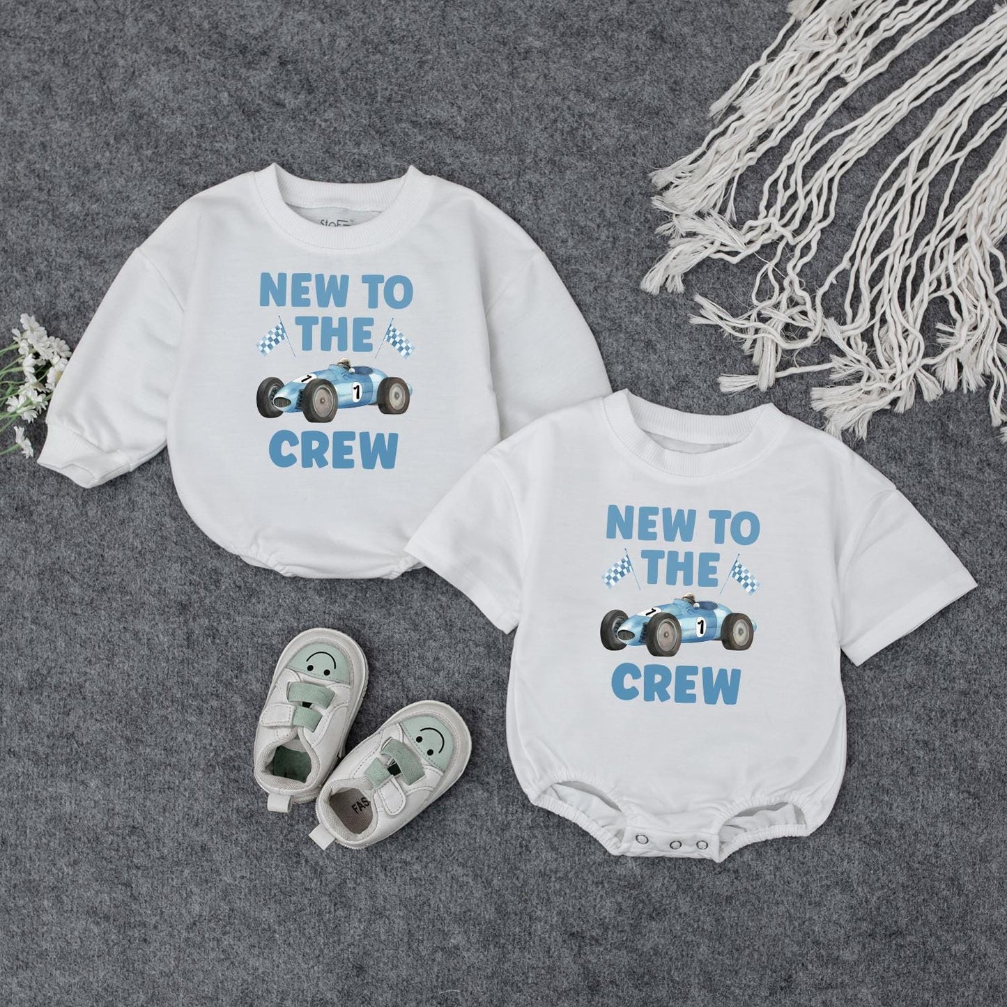 New to the Crew Baby Bodysuit Race Car Outfit Infant Coming Home Clothes Boy Girl Shower Gift Toddler Shirt Cute Playful Design