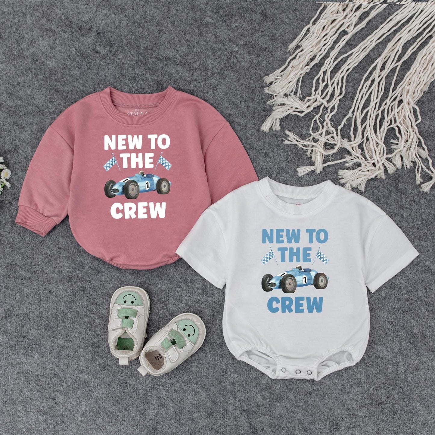 New to the Crew Baby Bodysuit Race Car Outfit Infant Coming Home Clothes Boy Girl Shower Gift Toddler Shirt Cute Playful Design