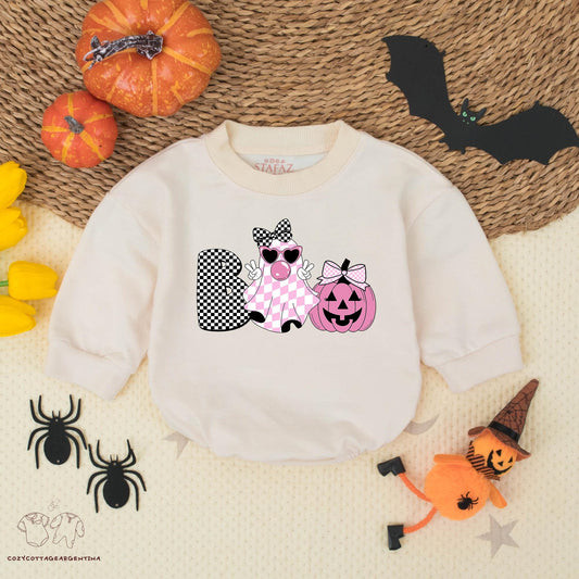 Boo Ghost Halloween Bubble Romper Sweatshirt: Cute Baby Girl Outfit with Checkered Ghost & Jack-o'-Lantern Bows, Trendy Halloween Costume, Fall Baby Clothes