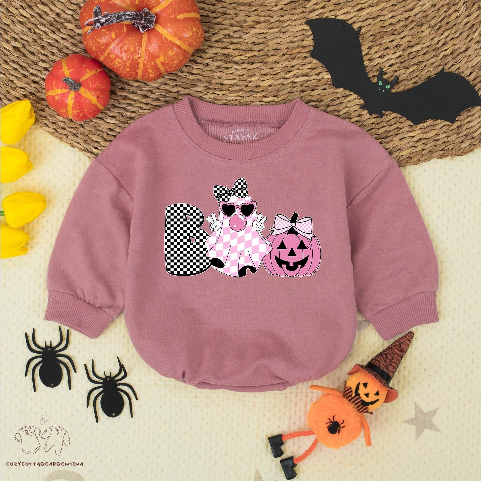 Boo Ghost Halloween Bubble Romper Sweatshirt: Cute Baby Girl Outfit with Checkered Ghost & Jack-o'-Lantern Bows, Trendy Halloween Costume, Fall Baby Clothes