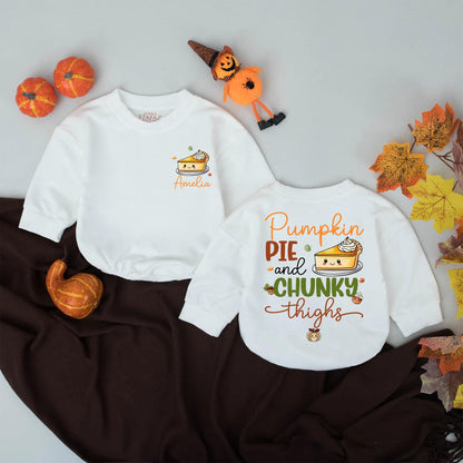 Custom Name Pumpkin Pie & Chunky Thighs Baby Romper Fall Toddler Girl Bodysuit, First Thanksgiving Outfit, Personalized Baby Clothes, Autumn Gift