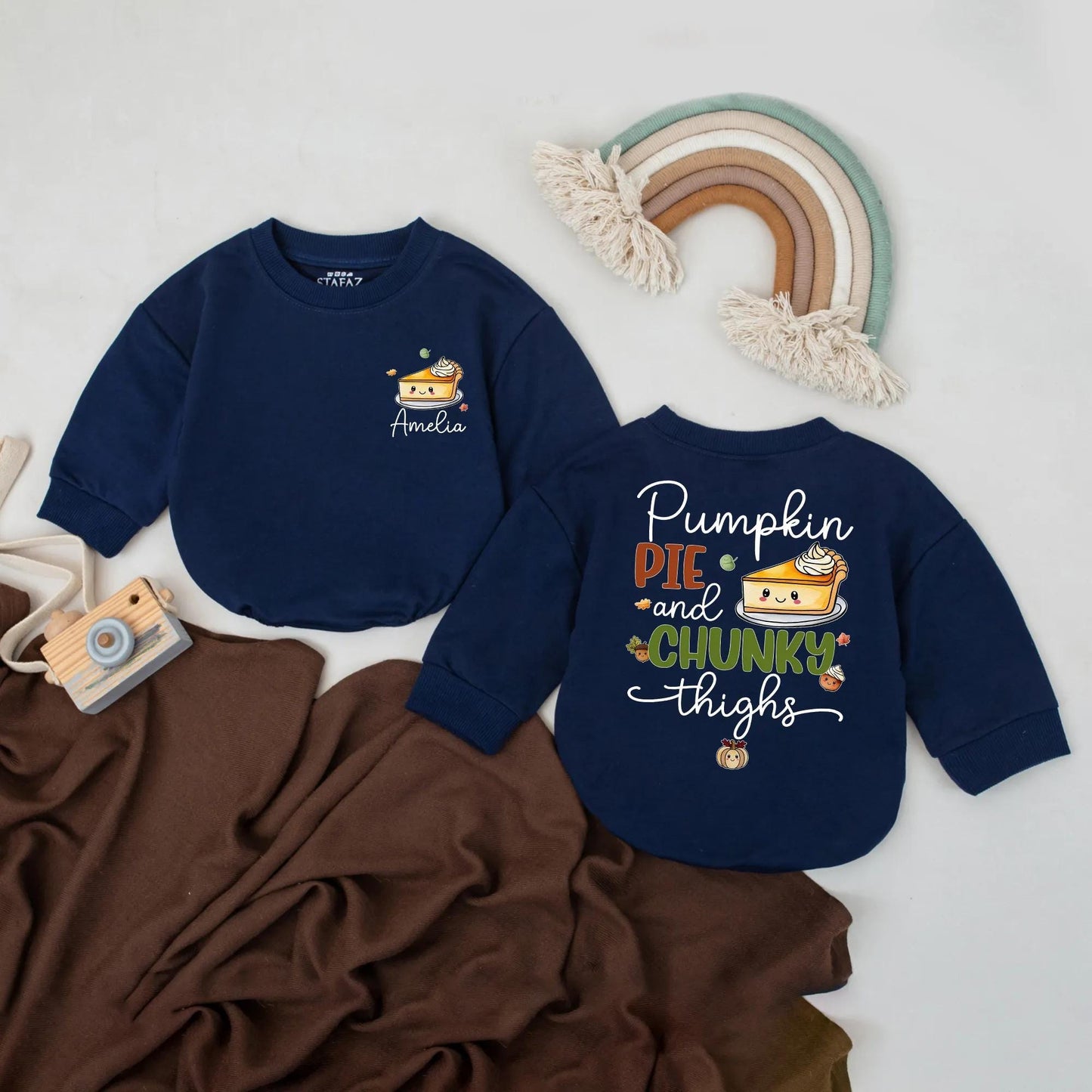 Custom Name Pumpkin Pie & Chunky Thighs Baby Romper Fall Toddler Girl Bodysuit, First Thanksgiving Outfit, Personalized Baby Clothes, Autumn Gift