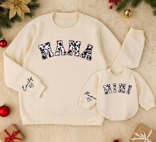 Personalized Mama & Mini Cowhide Matching Sweatshirts, Custom Name Western Christmas Outfit, Mom and Baby Girl Set, Country Holiday, Winter Clothes