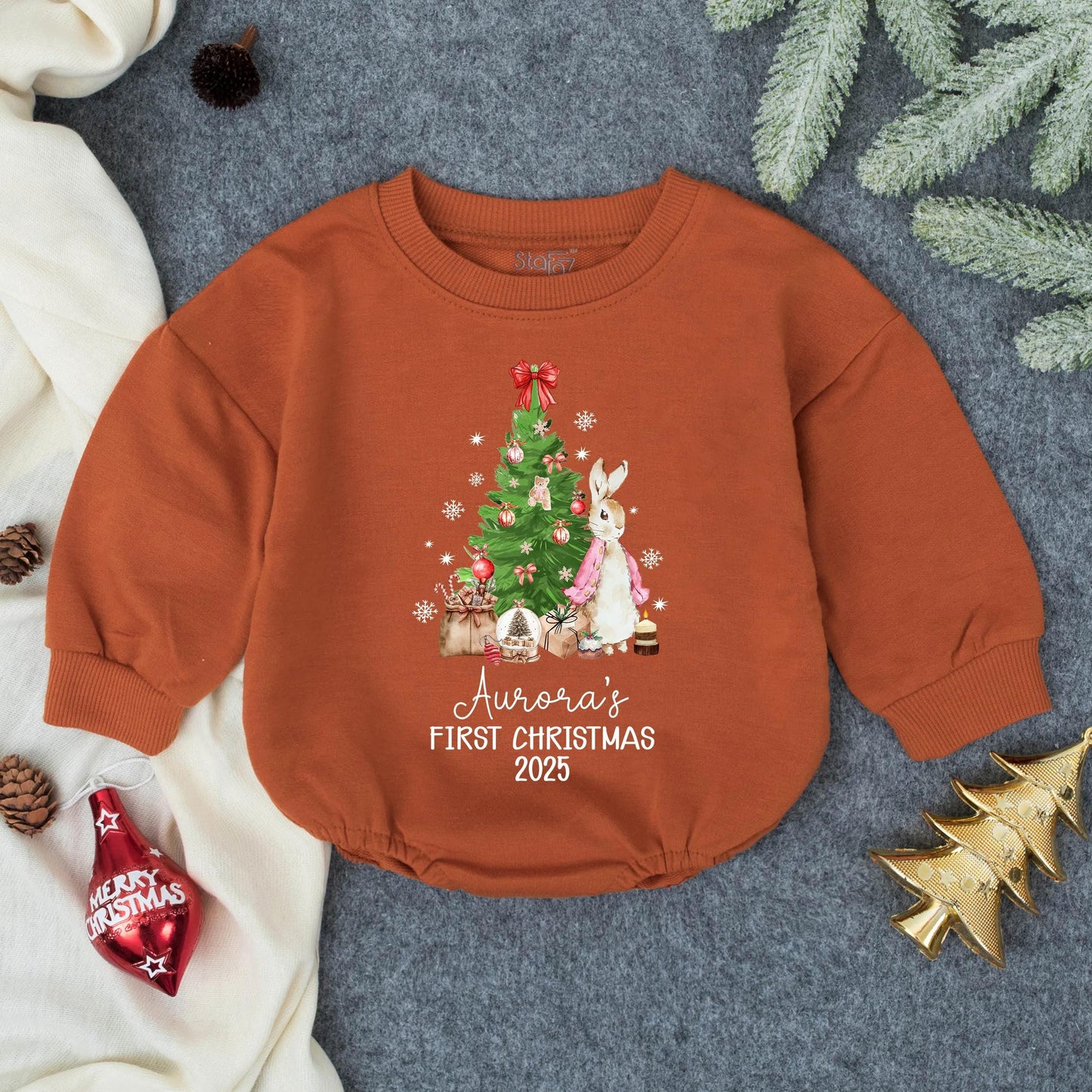 Personalized Baby Girl Christmas Bubble Romper Cute Bunny Tree Design Aurora's First Christmas 2025 Holiday Toddler Infant Soft Winter Gift