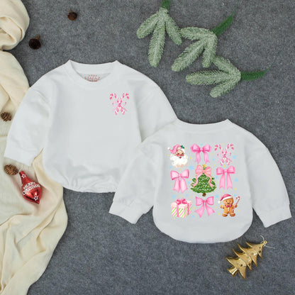 Pink Christmas Bow Bubble Romper for Baby Girl with Santa Claus Trees Gingerbread Men & Candy Cane Design Perfect First Christmas Gift