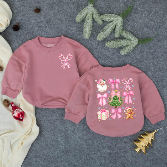Pink Christmas Bow Bubble Romper for Baby Girl with Santa Claus Trees Gingerbread Men & Candy Cane Design Perfect First Christmas Gift