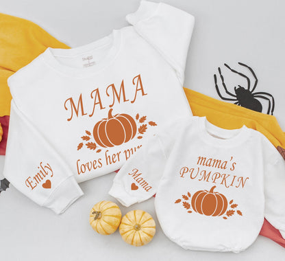 Mama Loves Her Pumpkin Mommy and Me Matching Fall Sweatshirts with Pumpkin Leaf Graphics for Kids and Toddlers