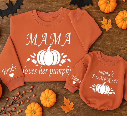 Mama Loves Her Pumpkin Mommy and Me Matching Fall Sweatshirts with Pumpkin Leaf Graphics for Kids and Toddlers