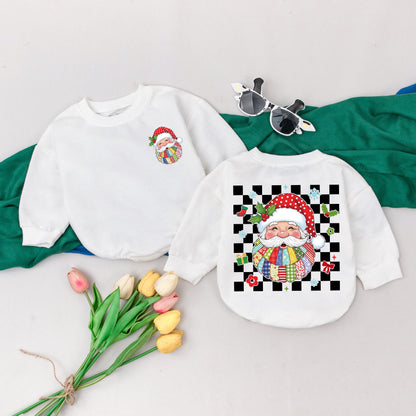 Personalized Patchwork Santa Claus Romper for Baby's First Christmas, Custom Name Xmas Bodysuit, Retro Baby Girl Outfit, Holiday Gift (139 chars)