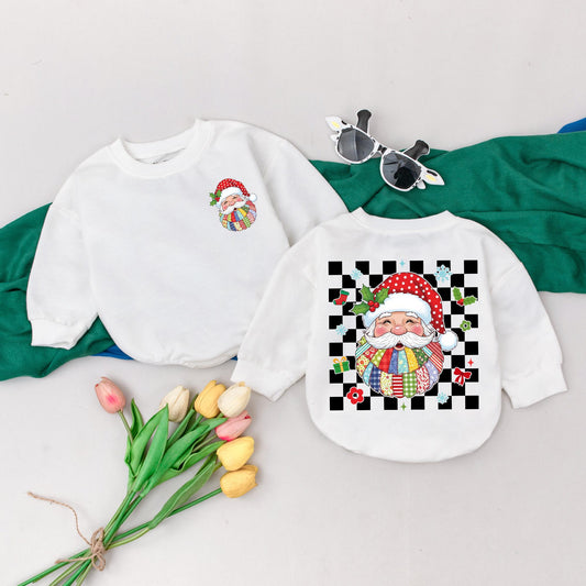 Personalized Patchwork Santa Claus Romper for Baby's First Christmas, Custom Name Xmas Bodysuit, Retro Baby Girl Outfit, Holiday Gift (139 chars)
