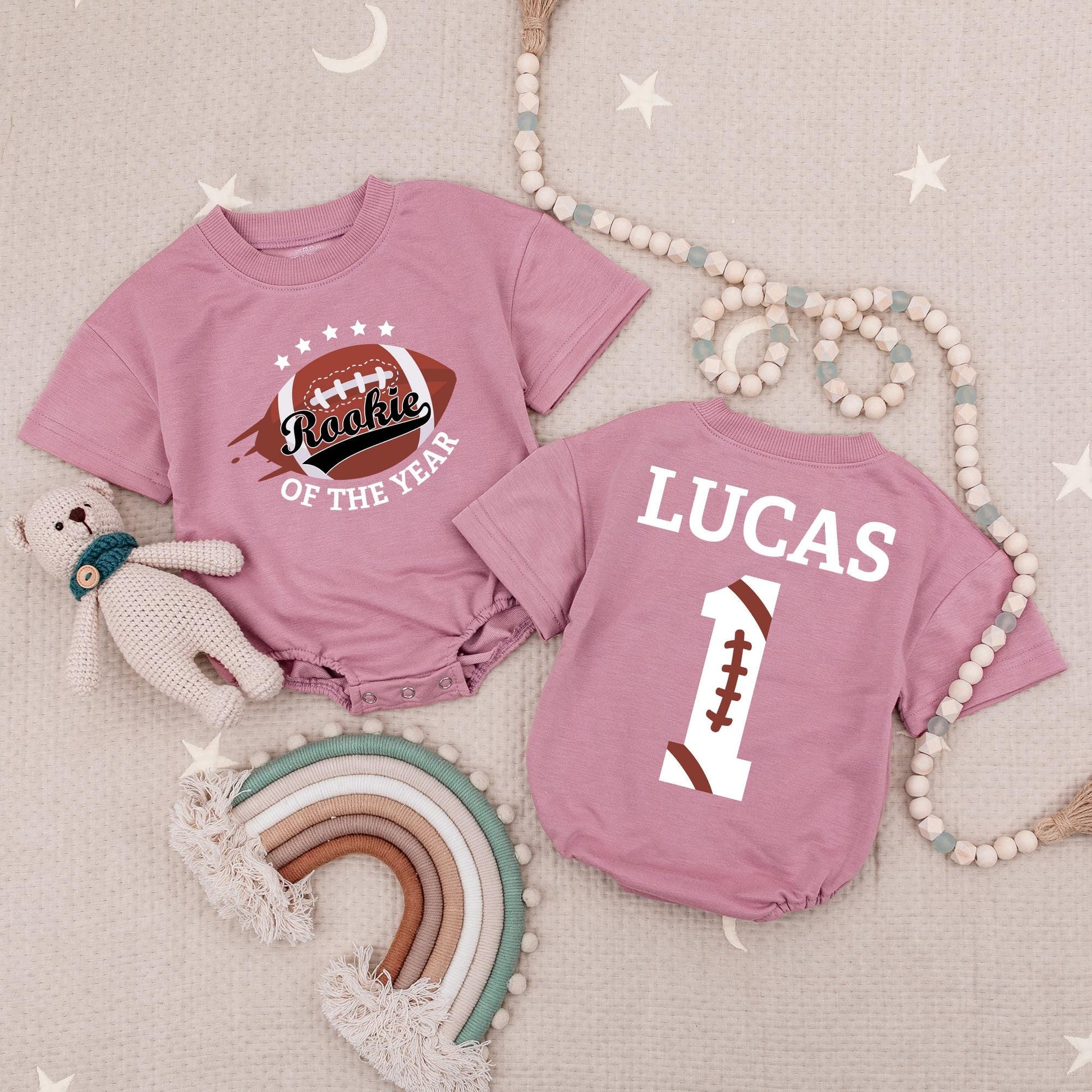 Custom Rookie of the Year 1st Birthday Boy Romper, Personalized Football Outfit, Lucas Name Shirt, Burgundy Black White Sports Design Baby