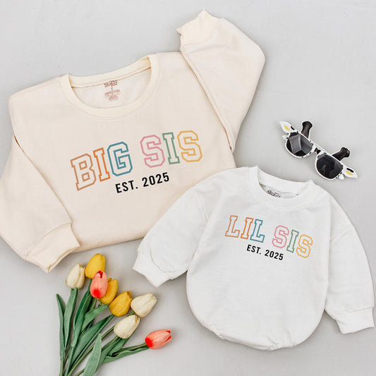 Big Sis Lil Sis Matching Sister Shirts Est. 2025 Outfit Set, Colorful Sibling Tees, Cute New Baby Gift for Girls, Toddler Matching Outfits (138 chars)