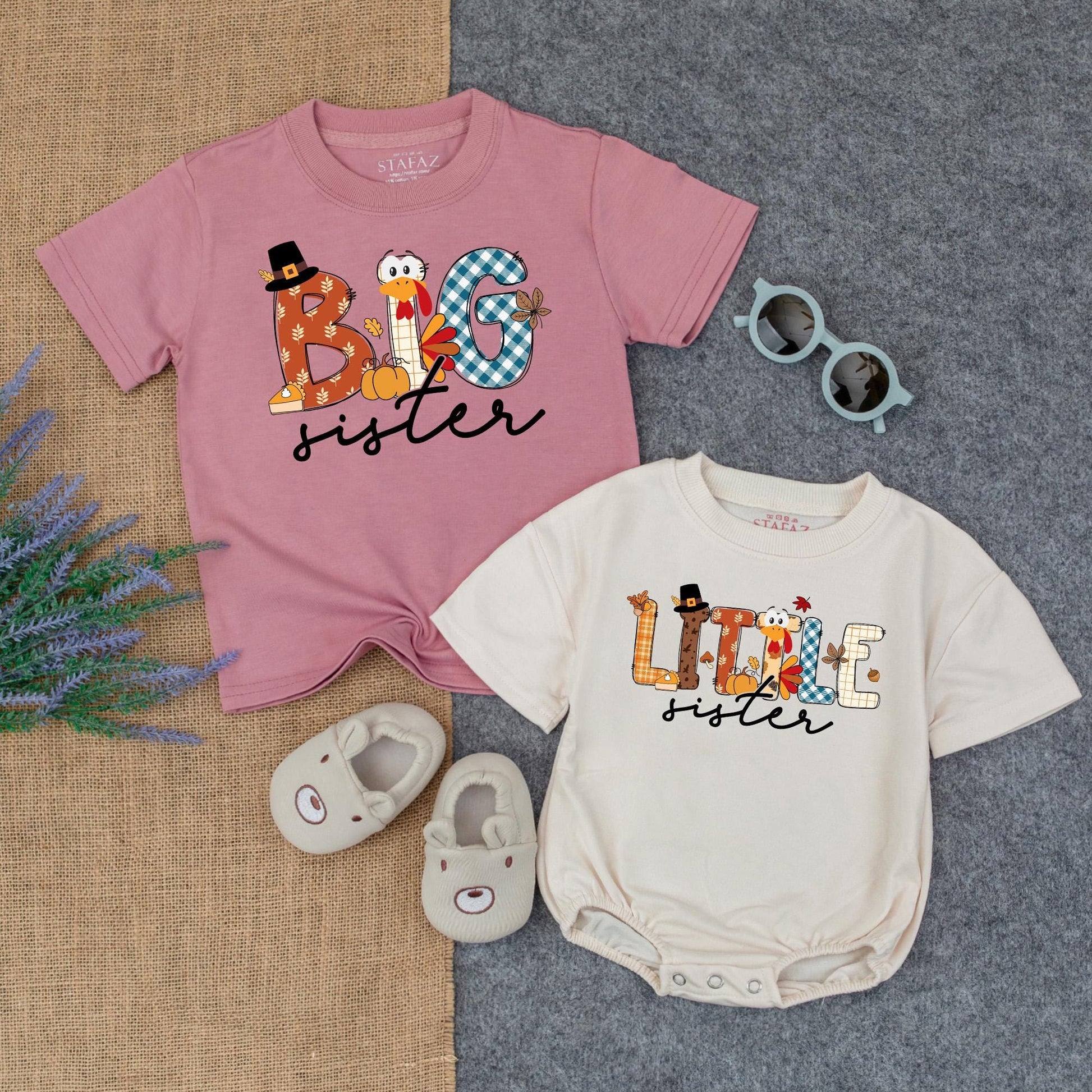 Thanksgiving Big Sister Little Sister Matching Outfit, Turkey & Plaid Fall Tee for Girls, Personalized Autumn Holiday T-Shirt, Custom Sister Set 137