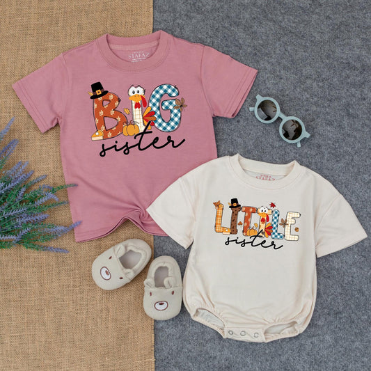 Thanksgiving Big Sister Little Sister Matching Outfit, Turkey & Plaid Fall Tee for Girls, Personalized Autumn Holiday T-Shirt, Custom Sister Set 137