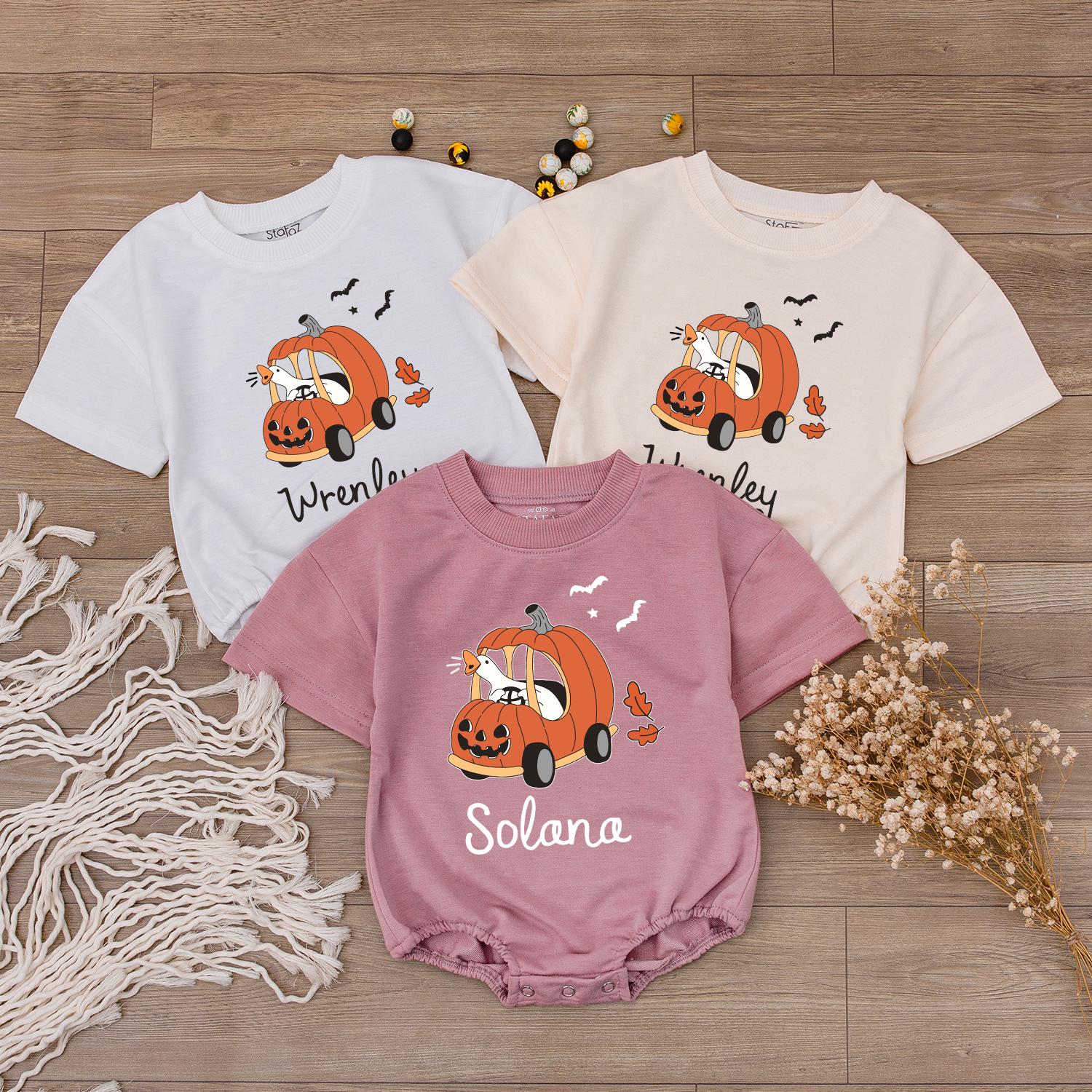 Personalized Halloween Pumpkin Car Baby Outfit Cat Driving Jack-o'-lantern Design Matching Fall Toddler Sweatshirt with Flying Bats Autumn Leaf