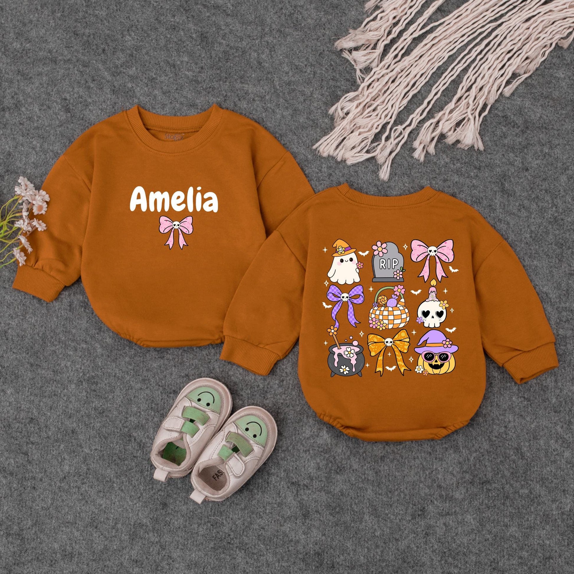 Personalized Baby Halloween Romper, Custom Name Pumpkin Ghost Outfit, Cute Fall Bodysuit for Baby Girl Boy, Autumn Toddler Clothes