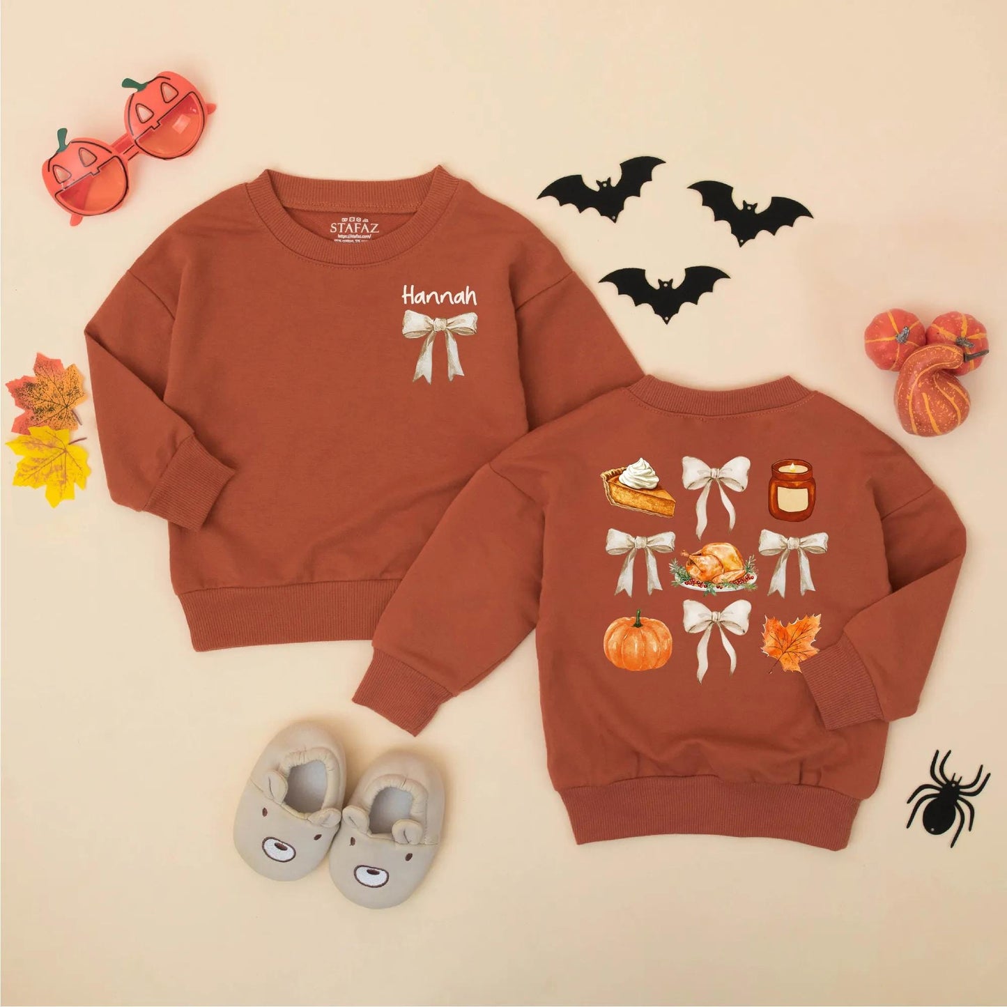 Personalized Thanksgiving Baby Romper with Bows, Custom Name Fall Outfit for Baby Girl, Retro Vintage Bodysuit, Autumn Gift