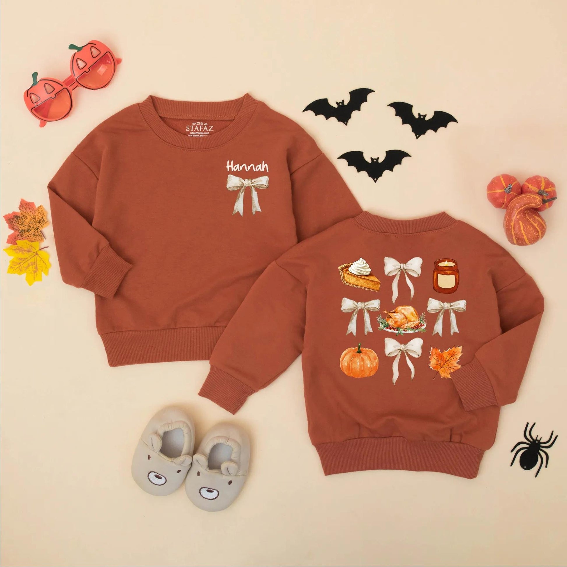 Personalized Thanksgiving Baby Romper with Bows, Custom Name Fall Outfit for Baby Girl, Retro Vintage Bodysuit, Autumn Gift