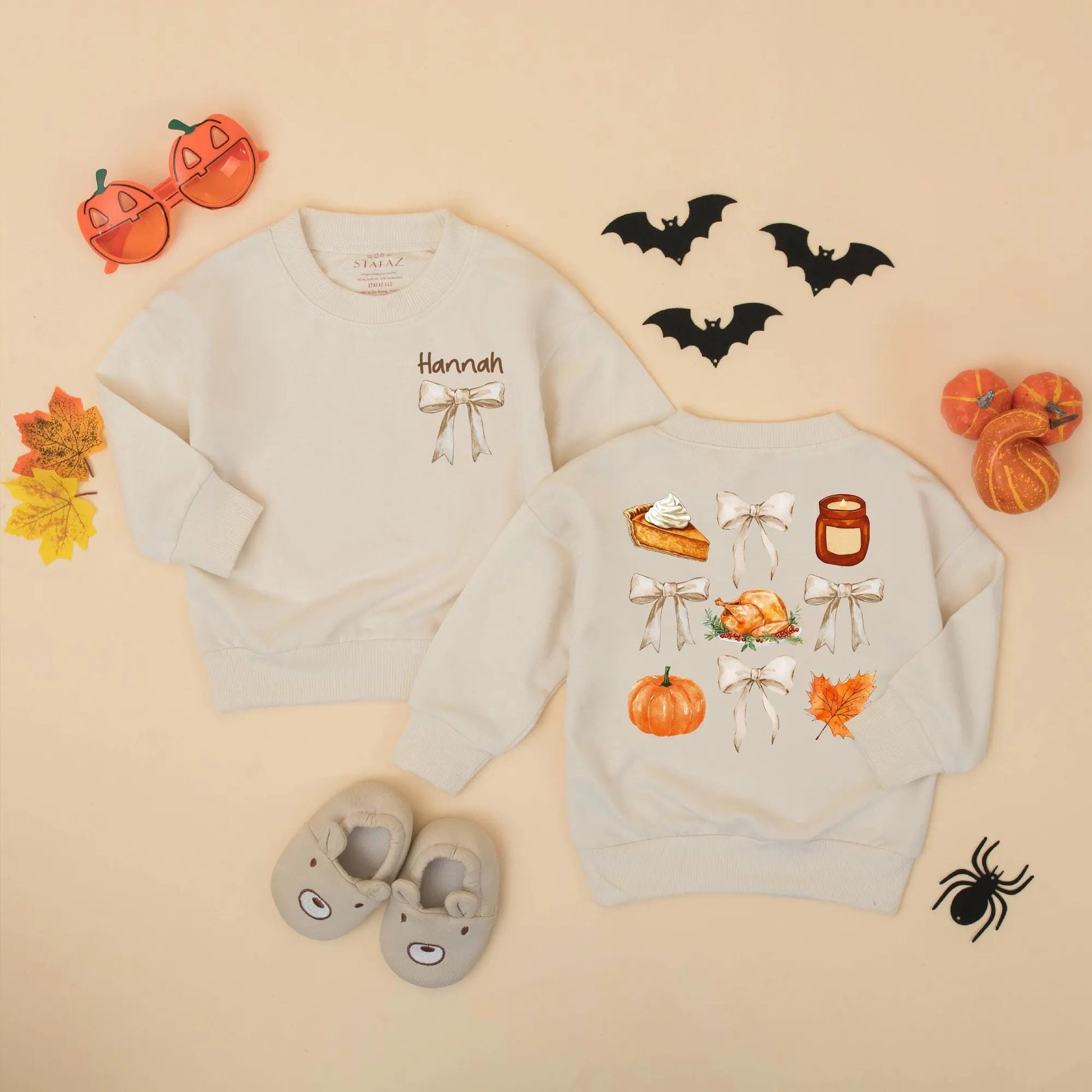 Personalized Thanksgiving Baby Romper with Bows, Custom Name Fall Outfit for Baby Girl, Retro Vintage Bodysuit, Autumn Gift