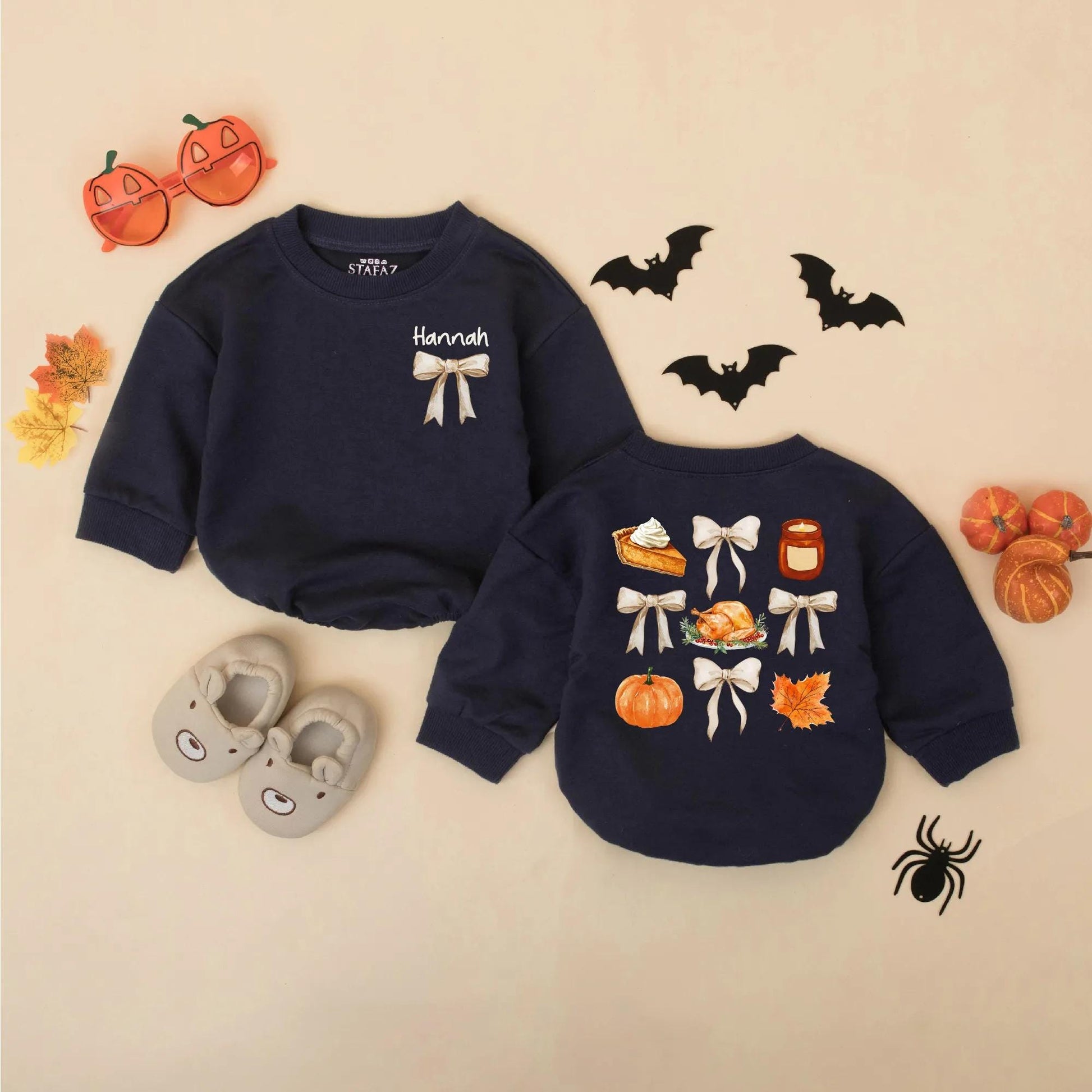 Personalized Thanksgiving Baby Romper with Bows, Custom Name Fall Outfit for Baby Girl, Retro Vintage Bodysuit, Autumn Gift