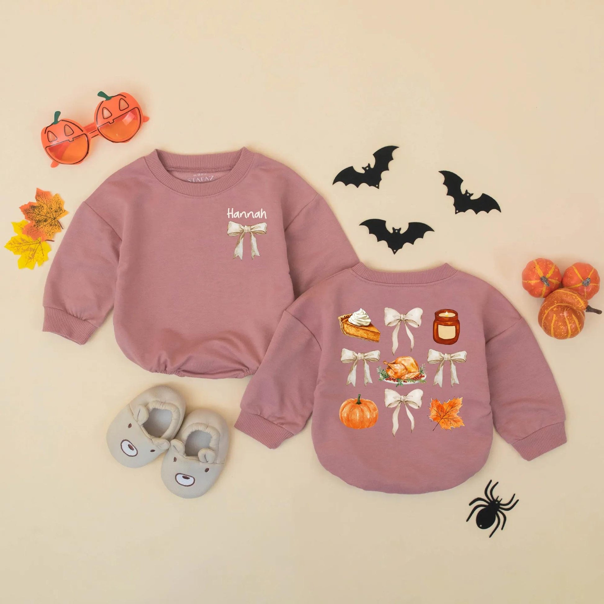 Personalized Thanksgiving Baby Romper with Bows, Custom Name Fall Outfit for Baby Girl, Retro Vintage Bodysuit, Autumn Gift