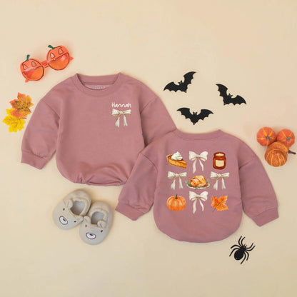 Personalized Thanksgiving Baby Romper with Bows, Custom Name Fall Outfit for Baby Girl, Retro Vintage Bodysuit, Autumn Gift