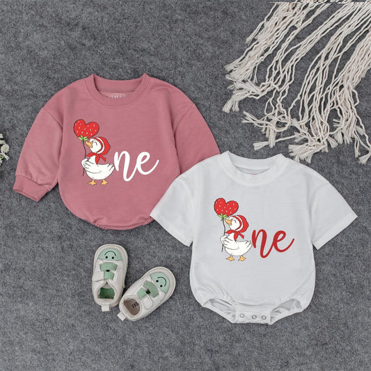Cute Duck with Strawberry Balloon First Birthday Outfit Baby Girl Boy Red Bonnet 1st Birthday Clothes Toddler Bodysuit Cheerful