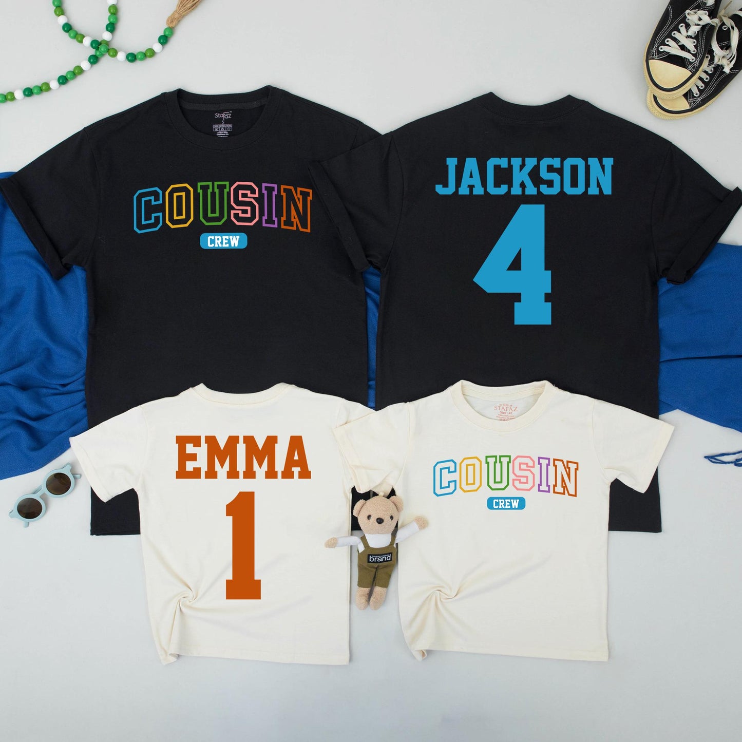 Matching Cousin Crew Shirts, Custom Family Vacation Tees, Kids Name & Age Shirts, Cousin Trip Gift, Colorful Design Cotton