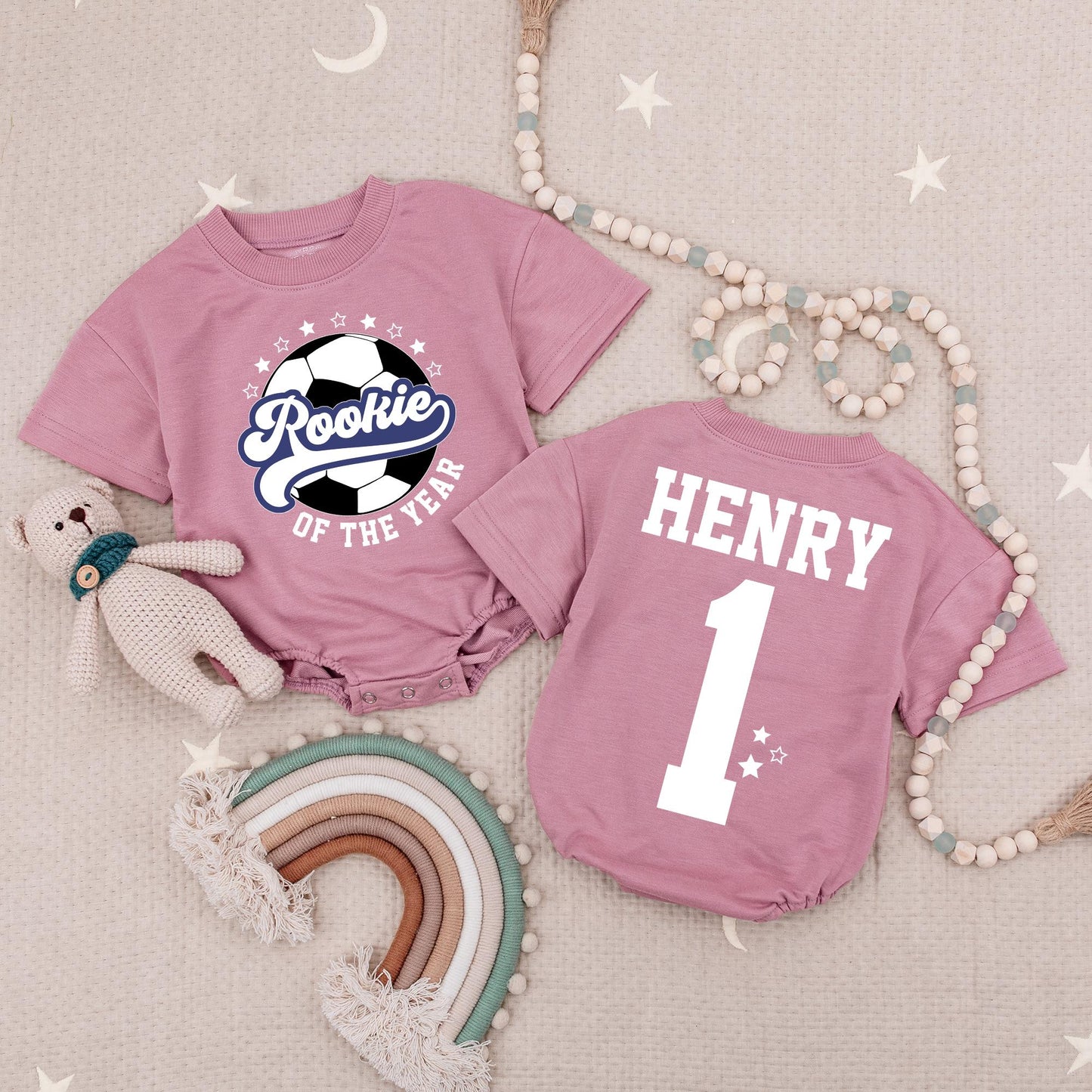 Rookie of the Year Soccer Bubble Romper Custom Name Number Blue Stars 1st Birthday Baby Boy Gameday