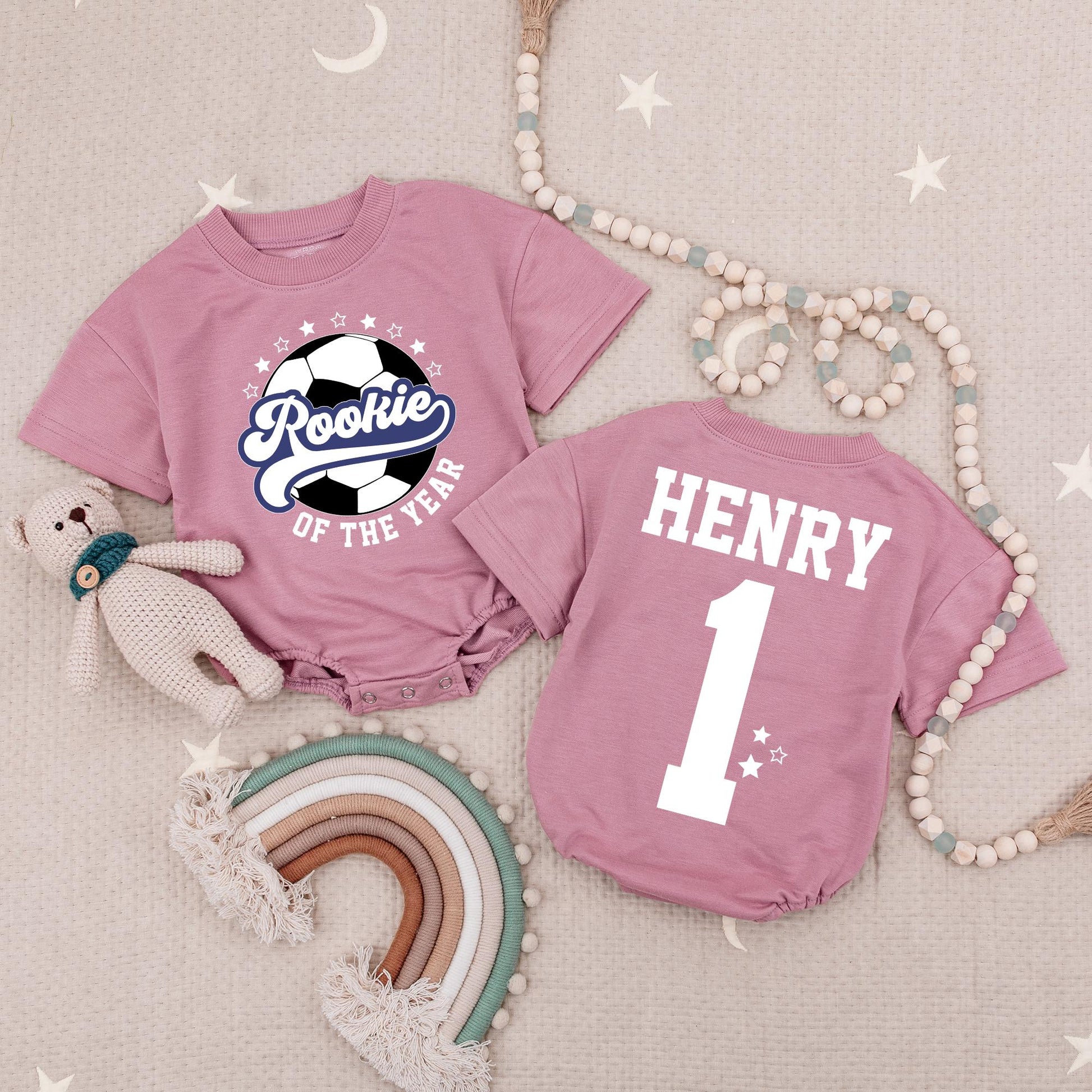 Rookie of the Year Soccer Bubble Romper Custom Name Number Blue Stars 1st Birthday Baby Boy Gameday
