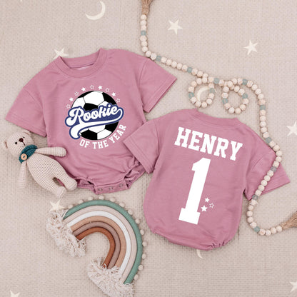 Rookie of the Year Soccer Bubble Romper Custom Name Number Blue Stars 1st Birthday Baby Boy Gameday