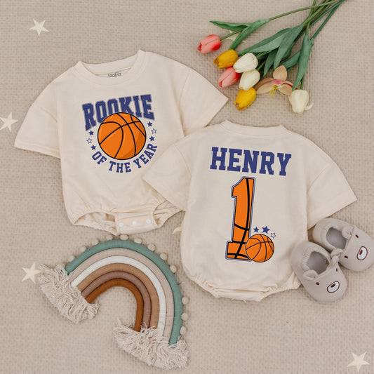 Rookie of the Year Basketball Romper Baby Boy Girl First Birthday Outfit Orange Navy Stars