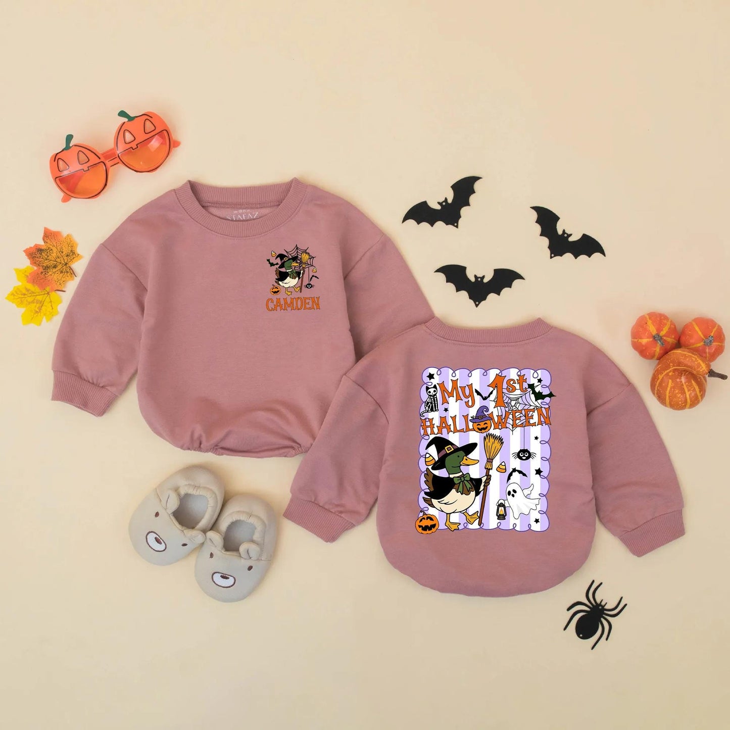 Cute Mallard Witch Halloween Baby Romper My 1st Halloween Custom Name Gift for Boys Girls
