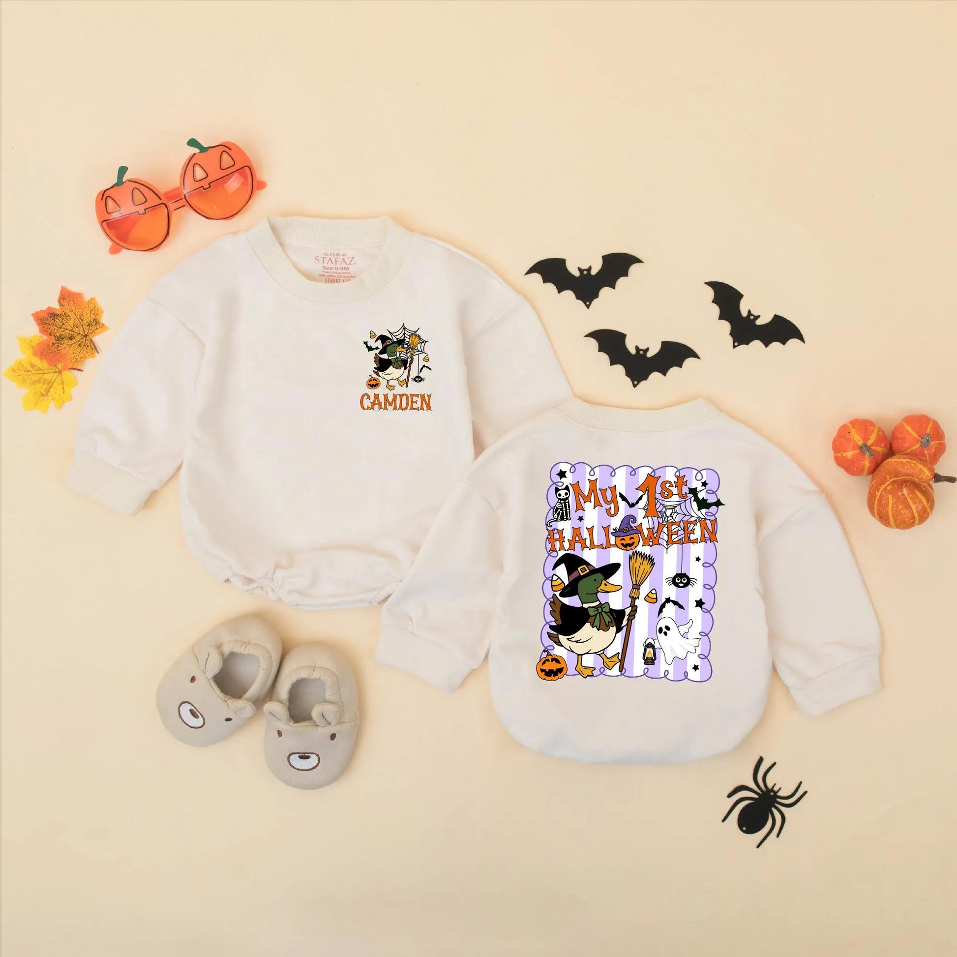 Cute Mallard Witch Halloween Baby Romper My 1st Halloween Custom Name Gift for Boys Girls