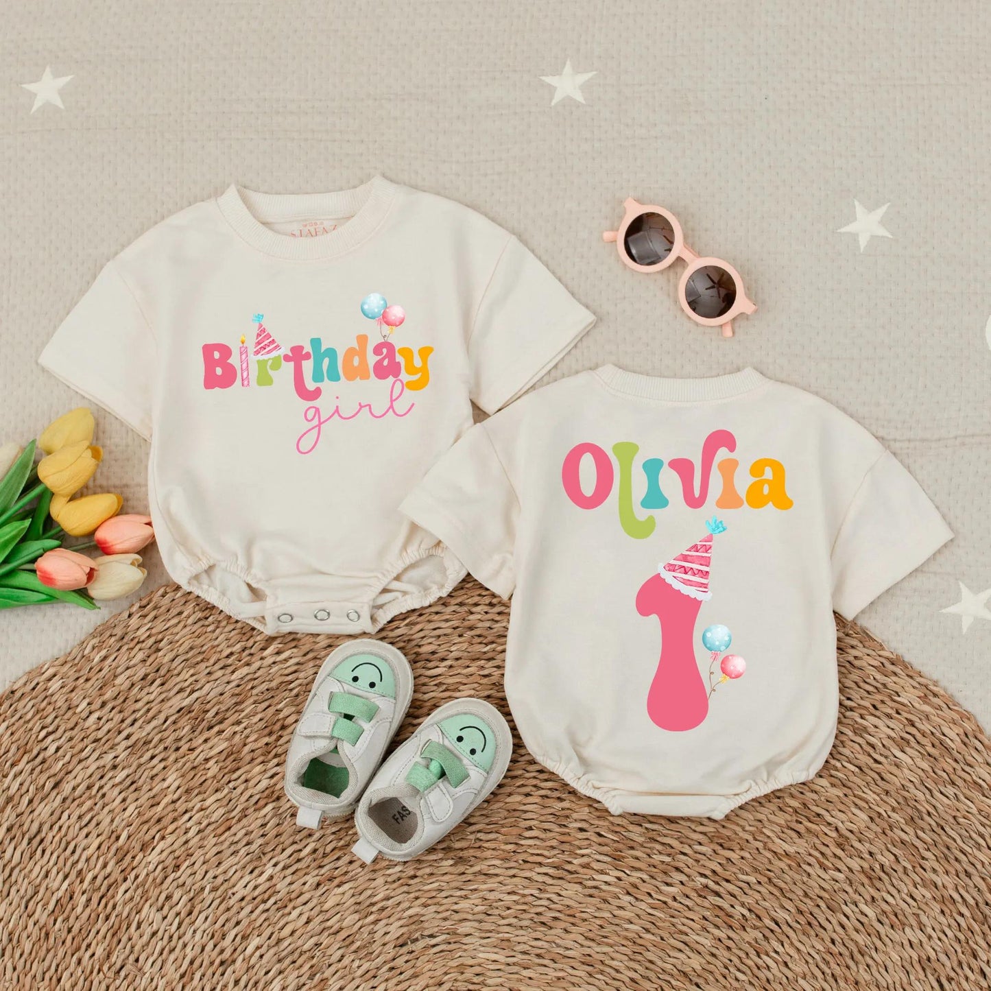 Personalized Olivia First Birthday Girl Shirt Pink Bow Cake Balloon One Year Old Party Outfit Toddler Baby Celebration Gift Cute Whimsical Tee