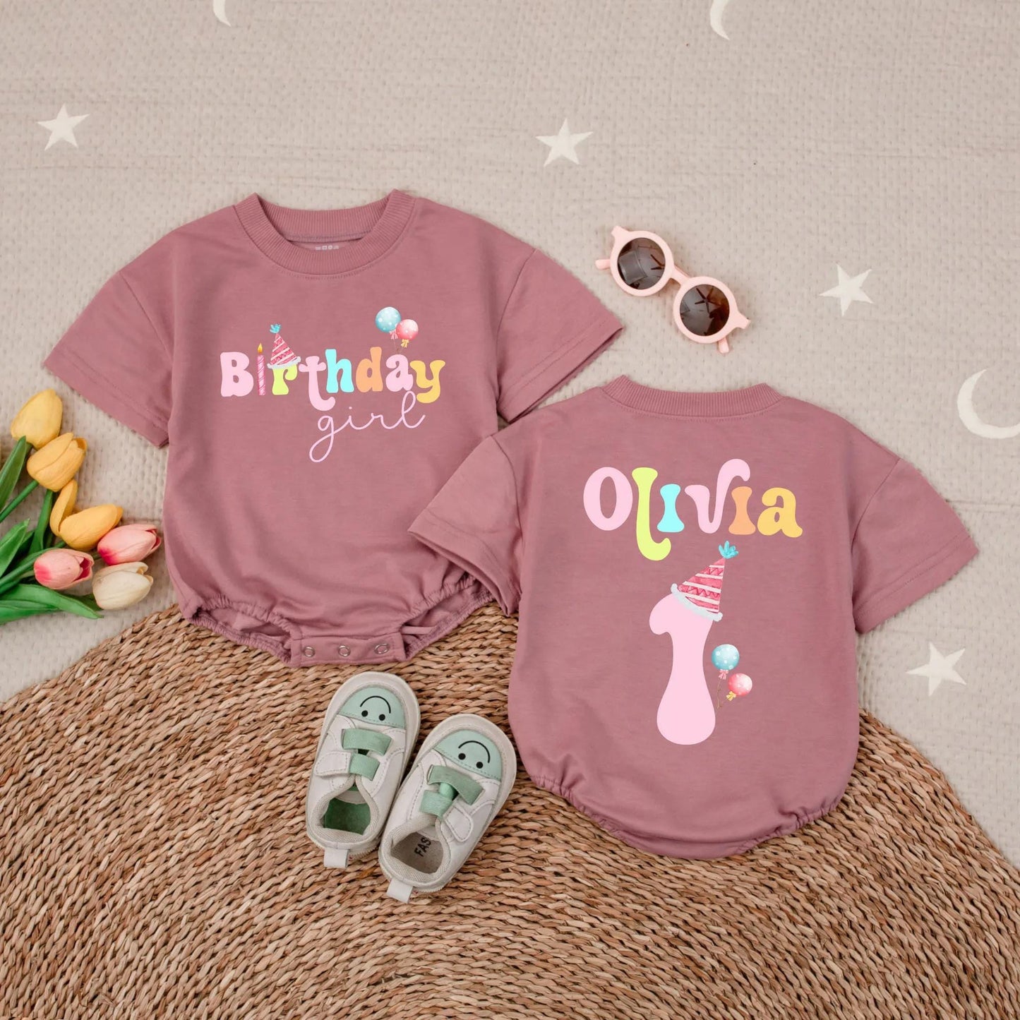 Personalized Olivia First Birthday Girl Shirt Pink Bow Cake Balloon One Year Old Party Outfit Toddler Baby Celebration Gift Cute Whimsical Tee